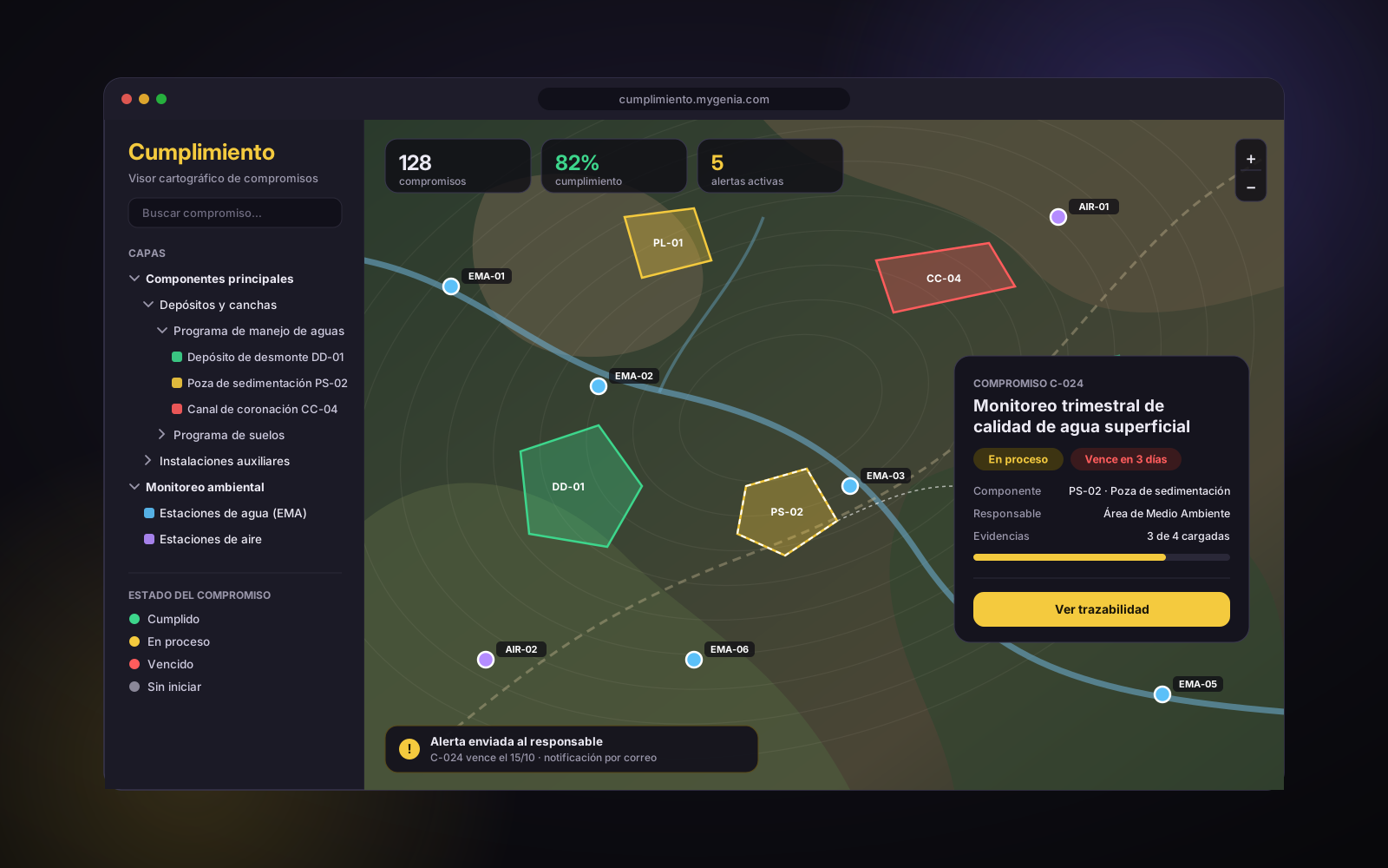 Visor cartográfico de compromisos ambientales con capas, estados y alertas de vencimiento
